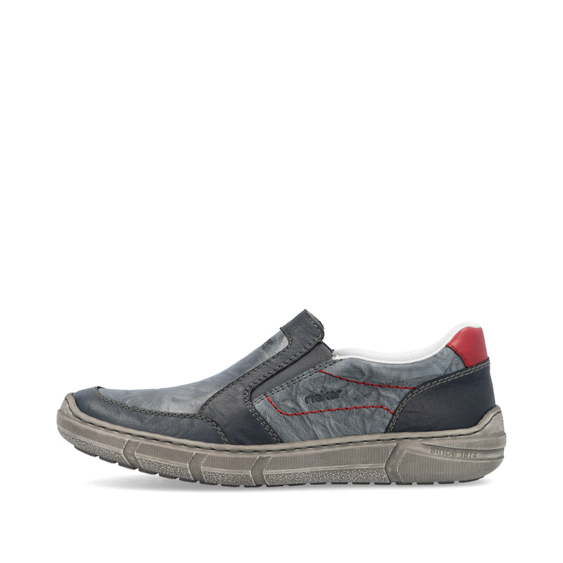 Blaue Rieker Herren Slipper 04052-12 mit einem Gummizug sowie der Extraweite H. Schuh Außenseite.