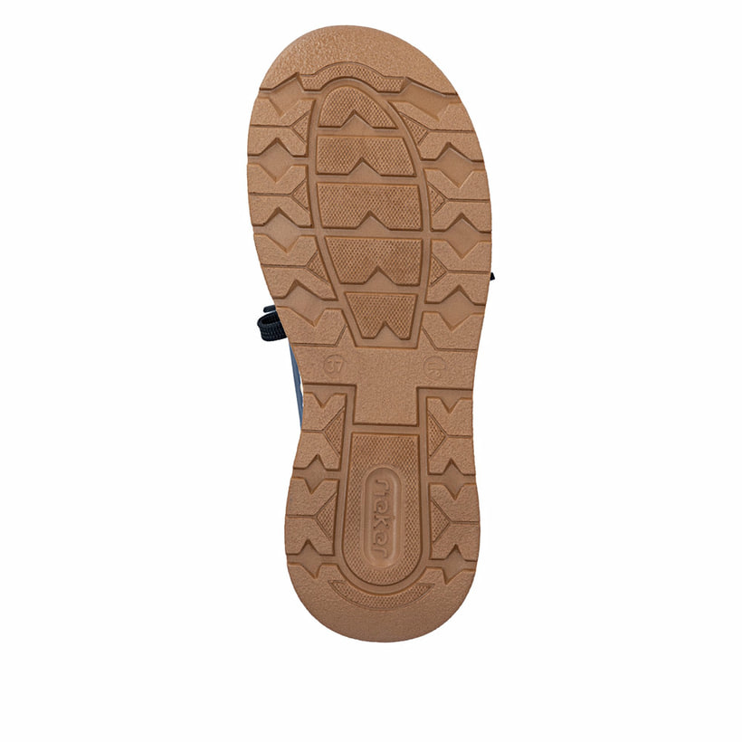 Blaue Rieker Damen Slipper 44562-14 mit Rieker Air Sohlenfenster sowie Gummizug. Schuh Laufsohle.