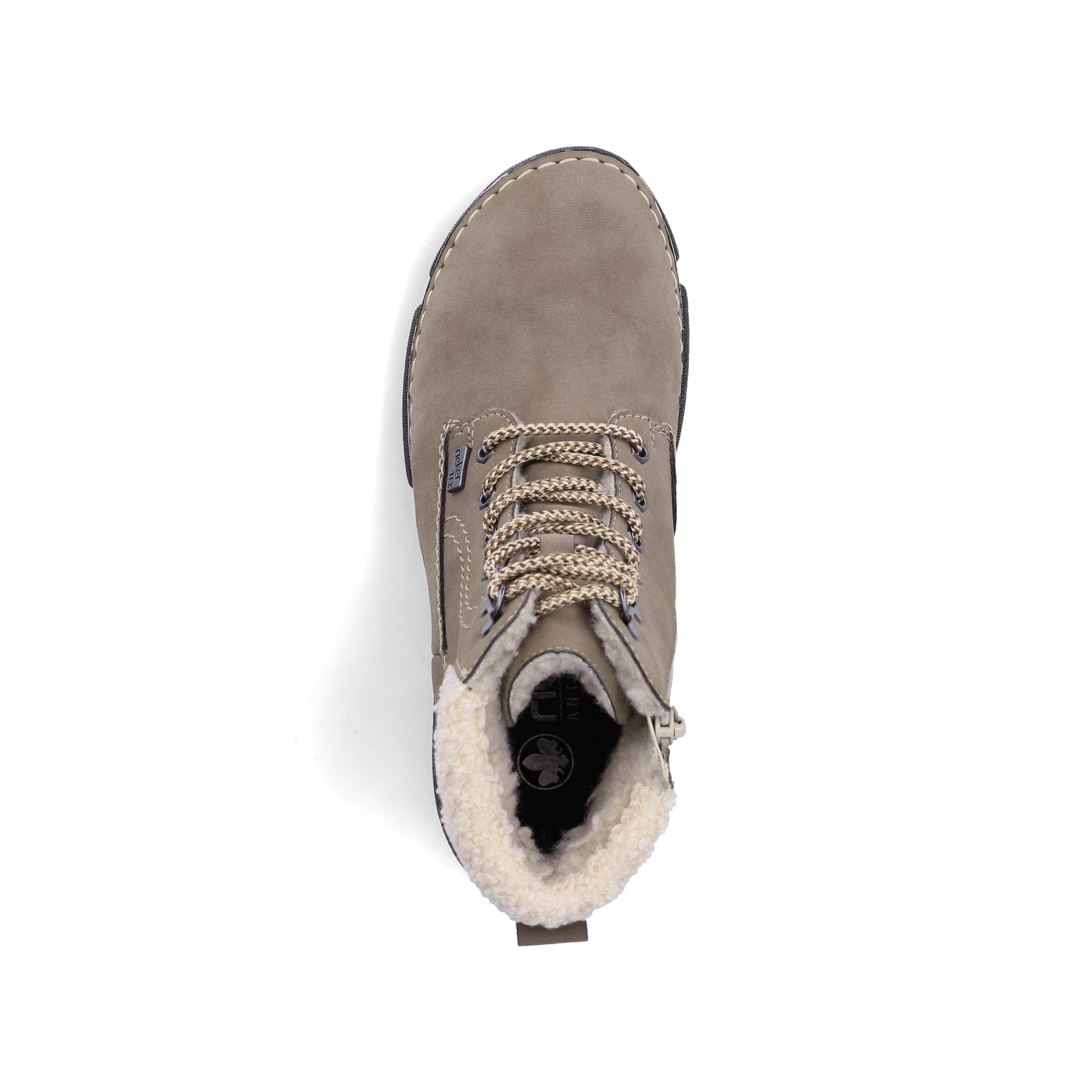 Grau-beige Rieker Damen Schnürstiefel 45925-25 mit wasserabweisender TEX-Membran. Schuh von oben.