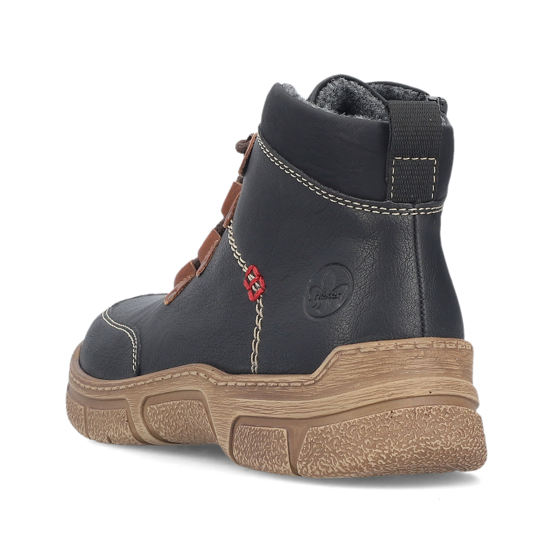 Schwarze Rieker Damen Schnürstiefel 72313-00 mit einem Reißverschluss. Schuh von hinten.