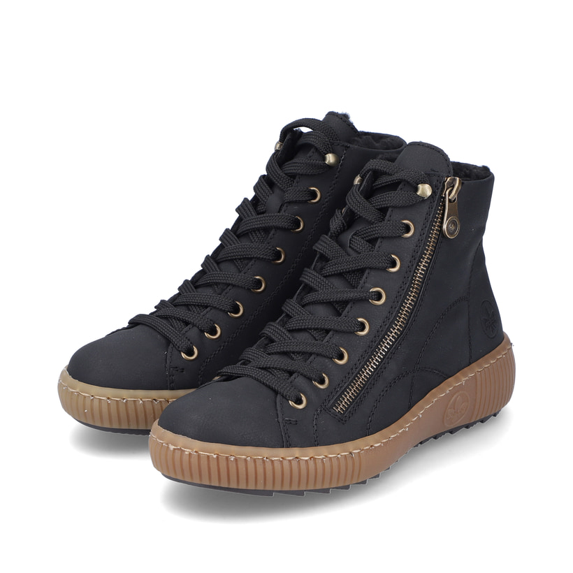 Carbonschwarze Rieker Damen Schnürschuhe Z6610-00 mit einem Reißverschluss. Schuhpaar seitlich schräg.