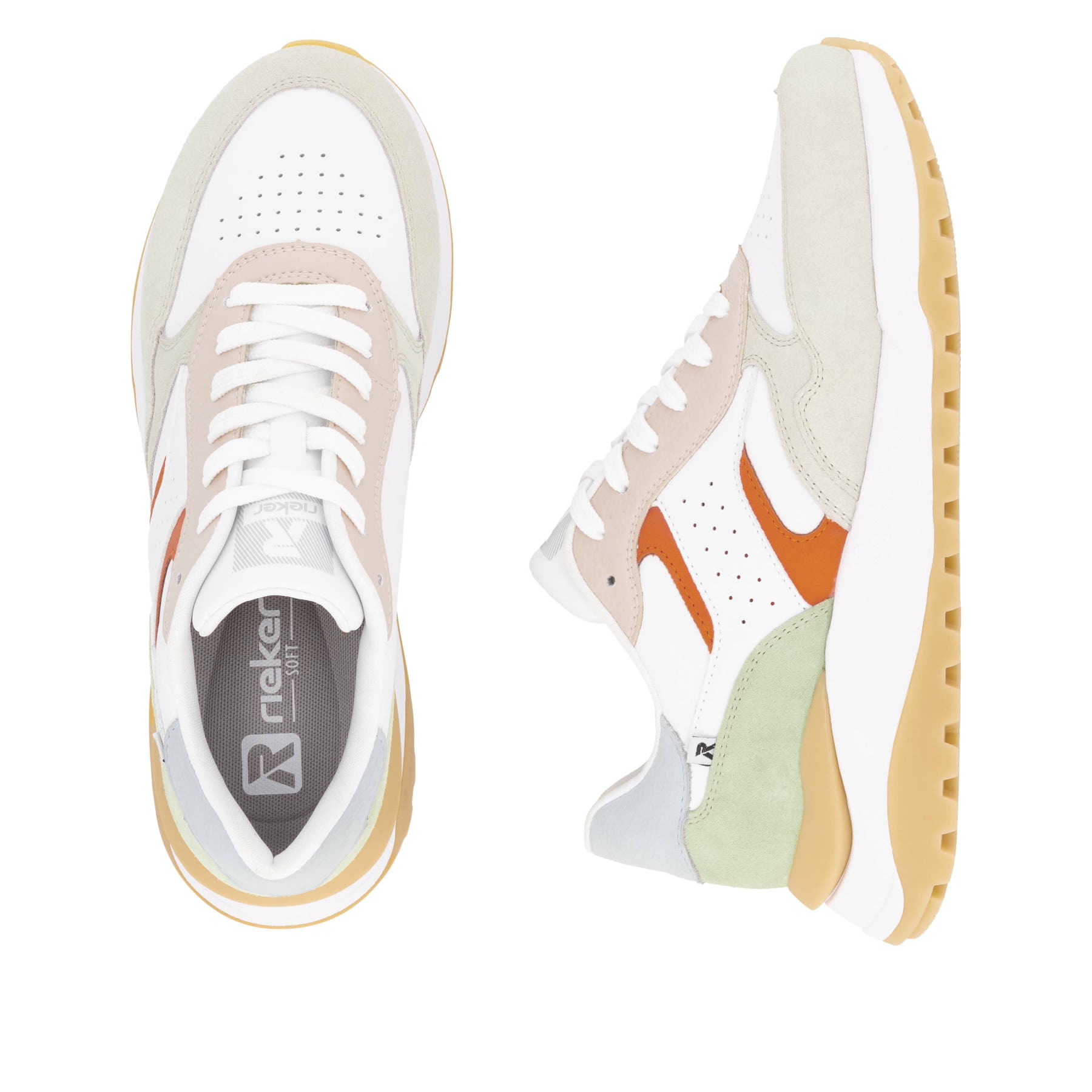 Baskets basses Rieker blanches pour femme W2500-81 avec lacets. Chaussure vue de dessus, couchée.