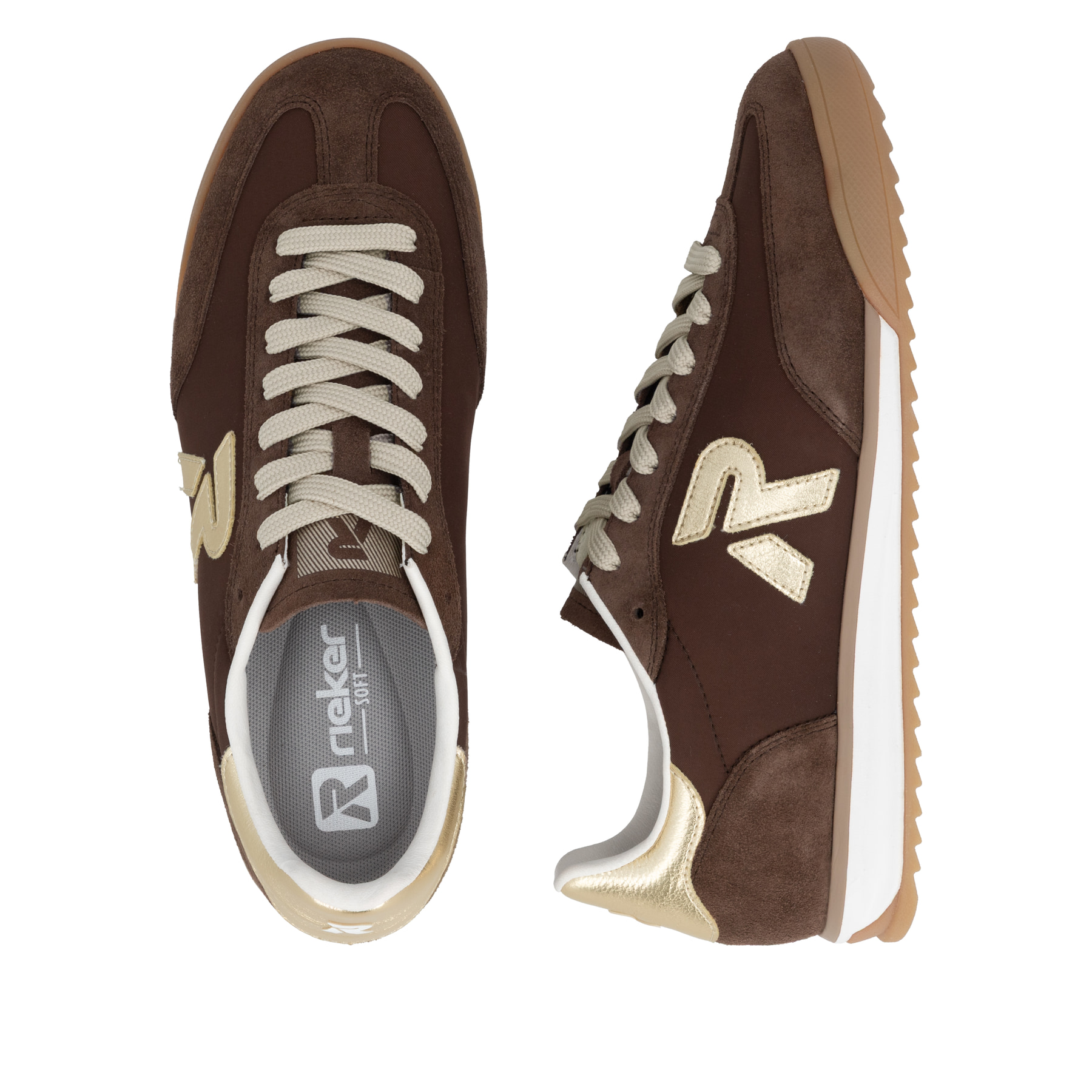 Baskets basses marron Rieker Sport pour femmes W4000-25. Chaussure vue de dessus, couchée.