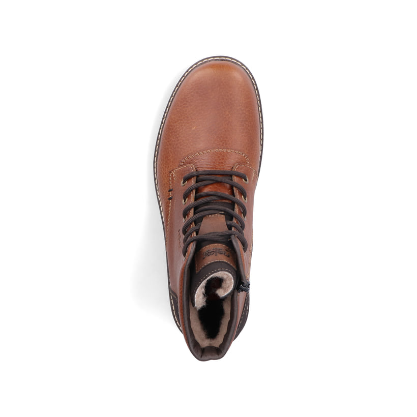 Fuchsbraune Rieker Herren Schnürstiefel 39820-22 mit griffiger Fiber-Grip Sohle. Schuh von oben.