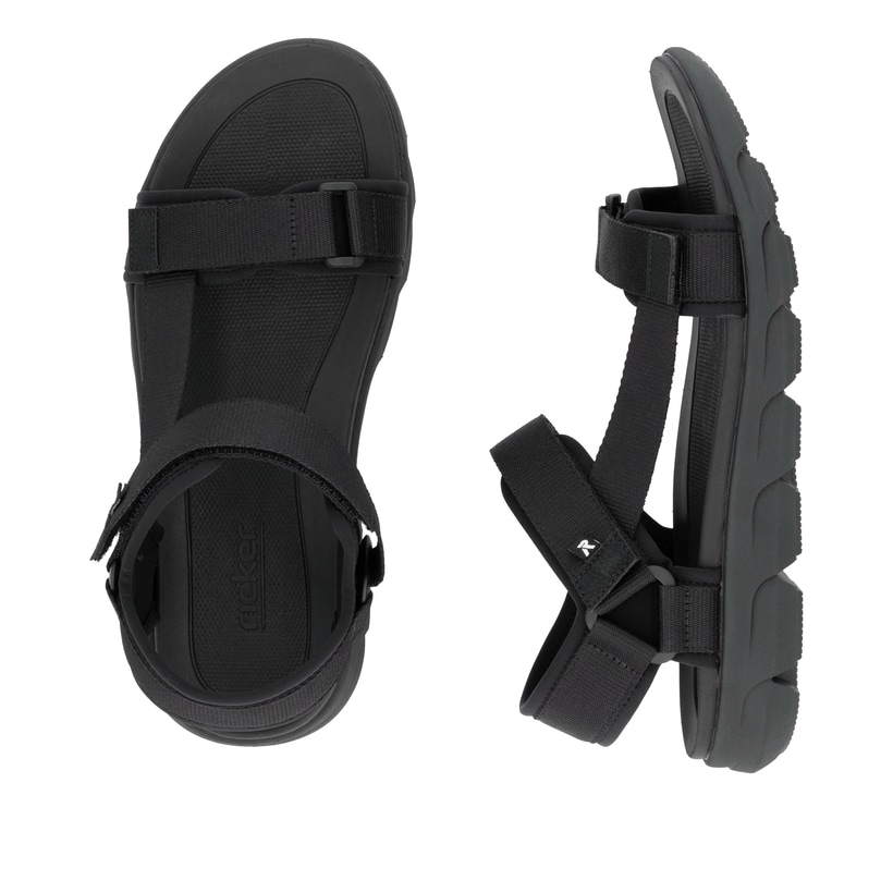 Schwarze waschbare Rieker Herren Trekkingsandalen 20850-00 mit Klettverschluss. Schuh von oben, liegend.