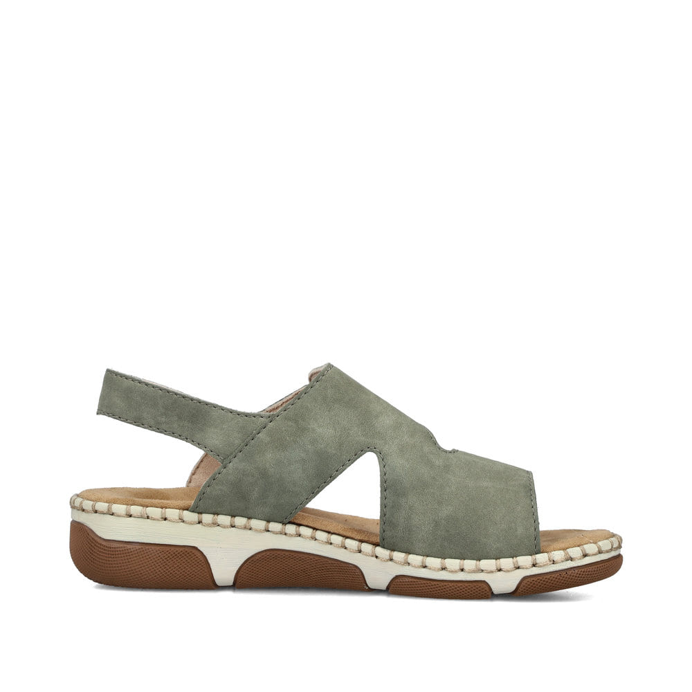 Khakifarbene Rieker Damen Riemchensandalen 66280-52 mit einem Klettverschluss. Schuh Innenseite.