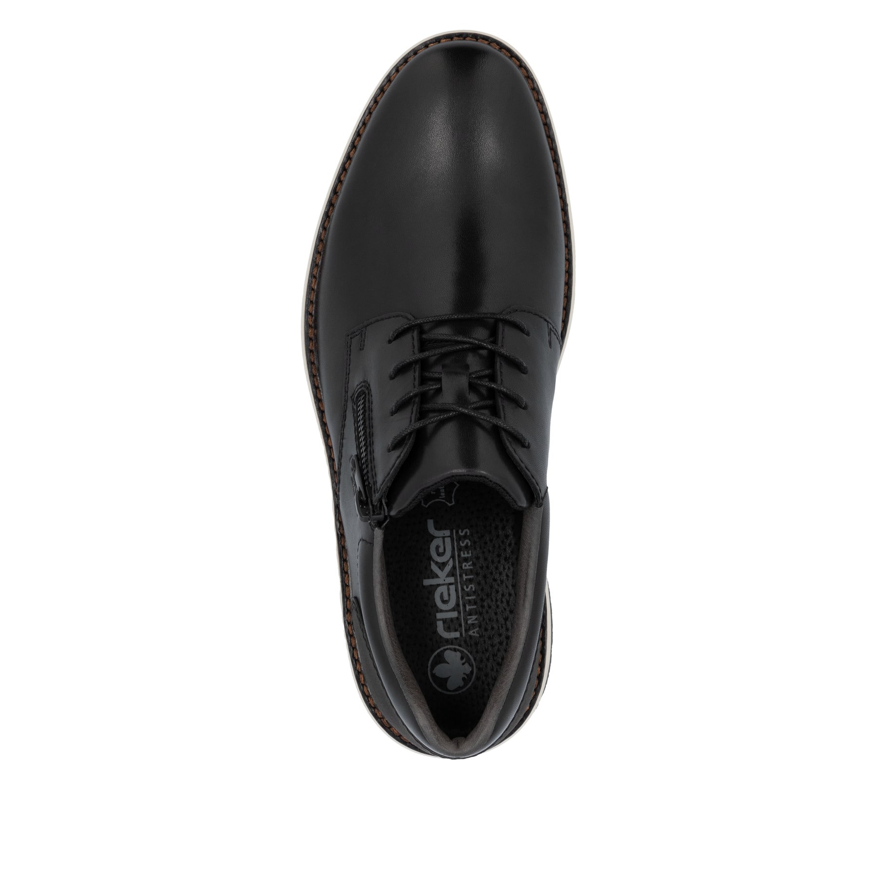 Schwarze Rieker Herren Schnürschuhe 14706-00 aus Glattleder mit Reißverschluss. Schuh von oben.