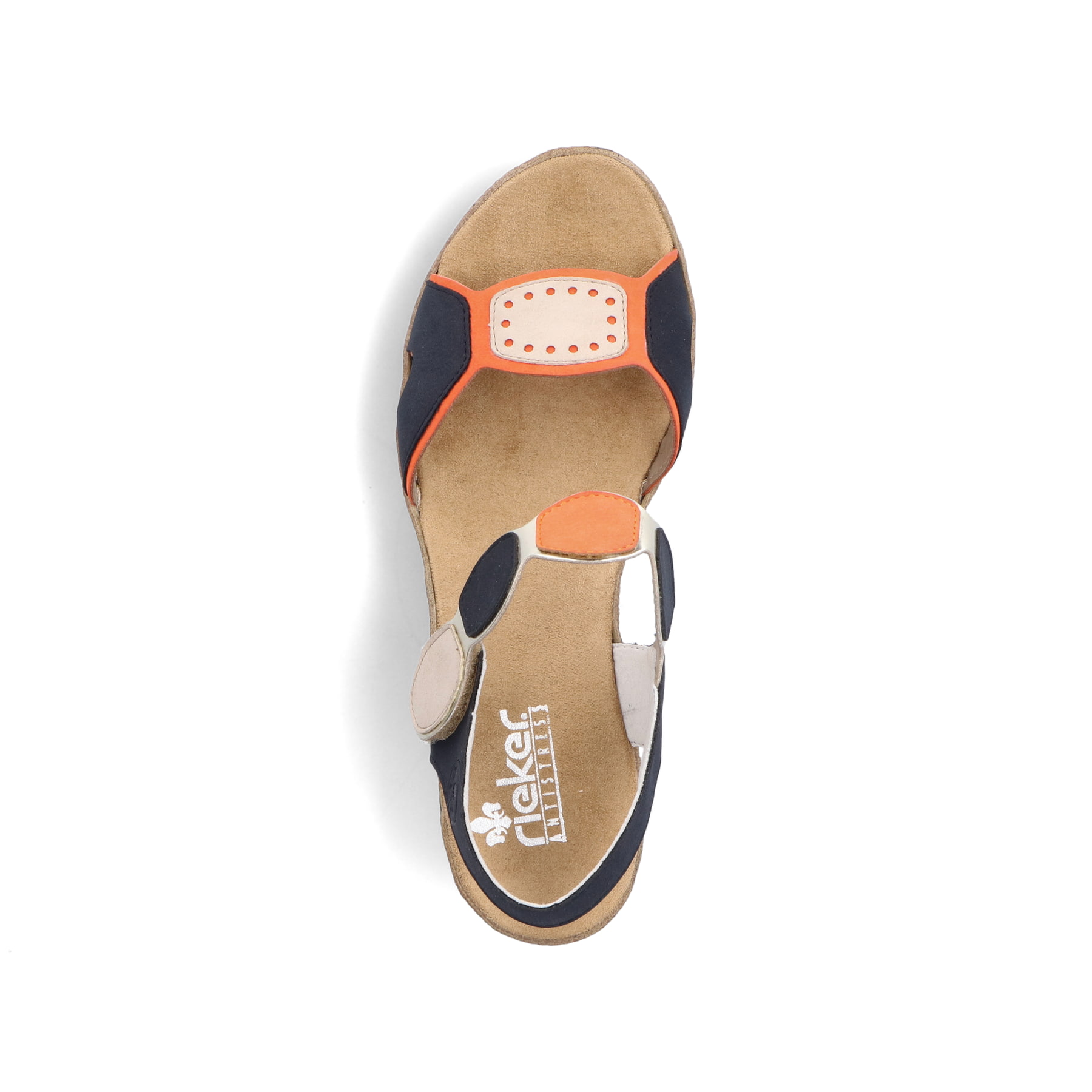 Mehrfarbige Rieker Riemchensandaletten 63876-90 mit einem Klettverschluss. Schuh von oben.