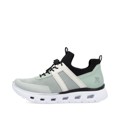 Grüne vegane Rieker Damen Sneaker Low M6061-52 mit einem Gummizug. Schuh Außenseite.