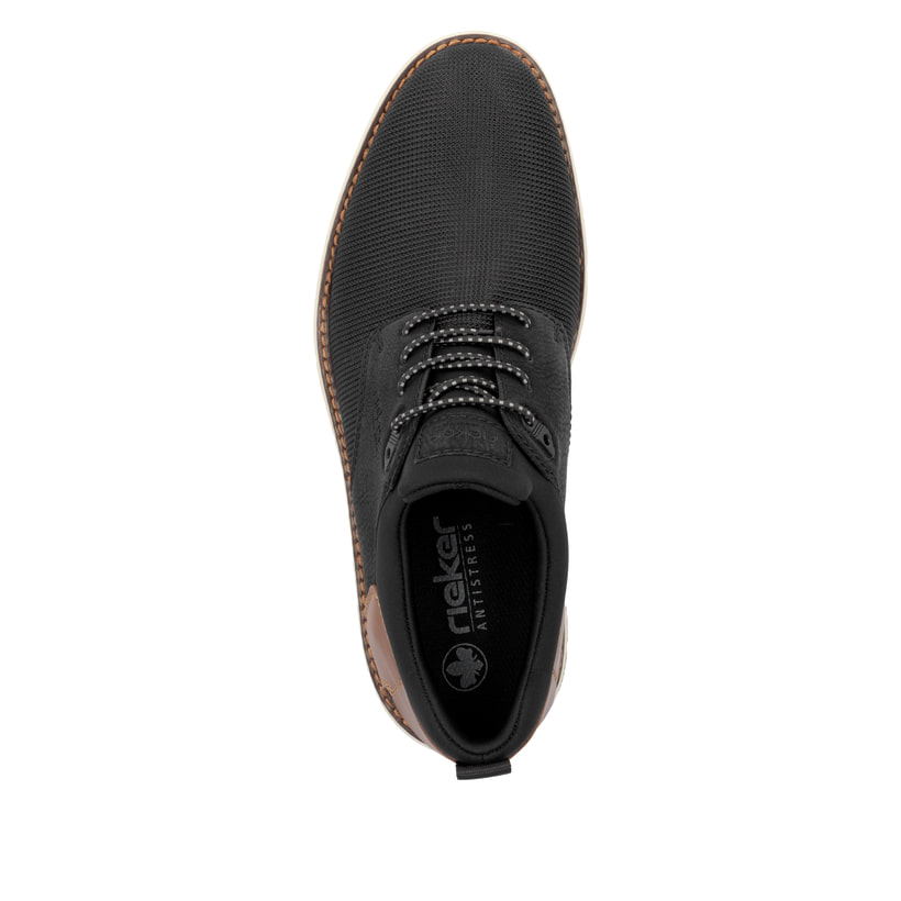 Urbanschwarze Rieker Herren Slipper 14750-00 mit Gummischnürung. Schuh von oben.