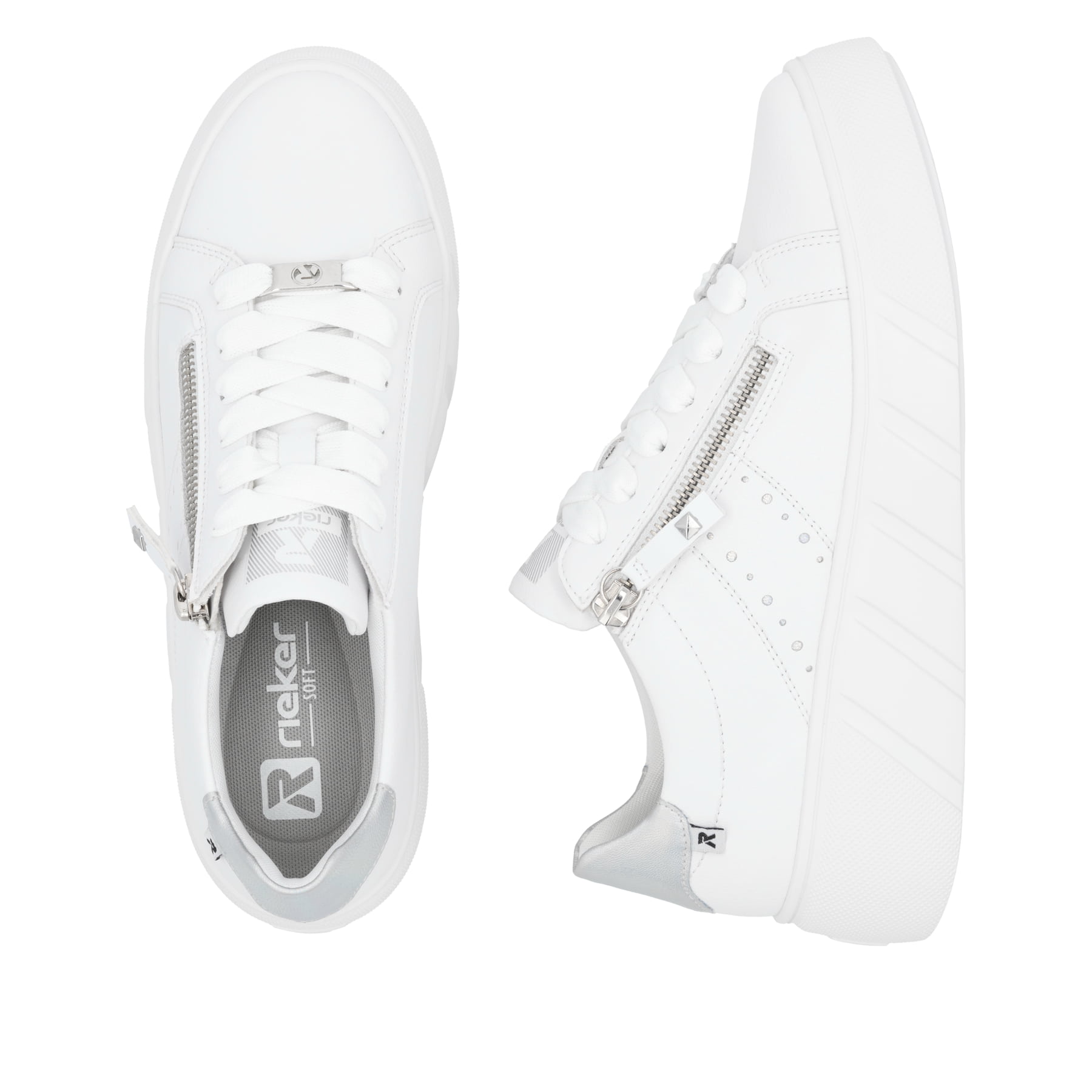 Weiße Rieker Damen Sneaker Low W2605-80 mit einem Reißverschluss. Schuh von oben, liegend.