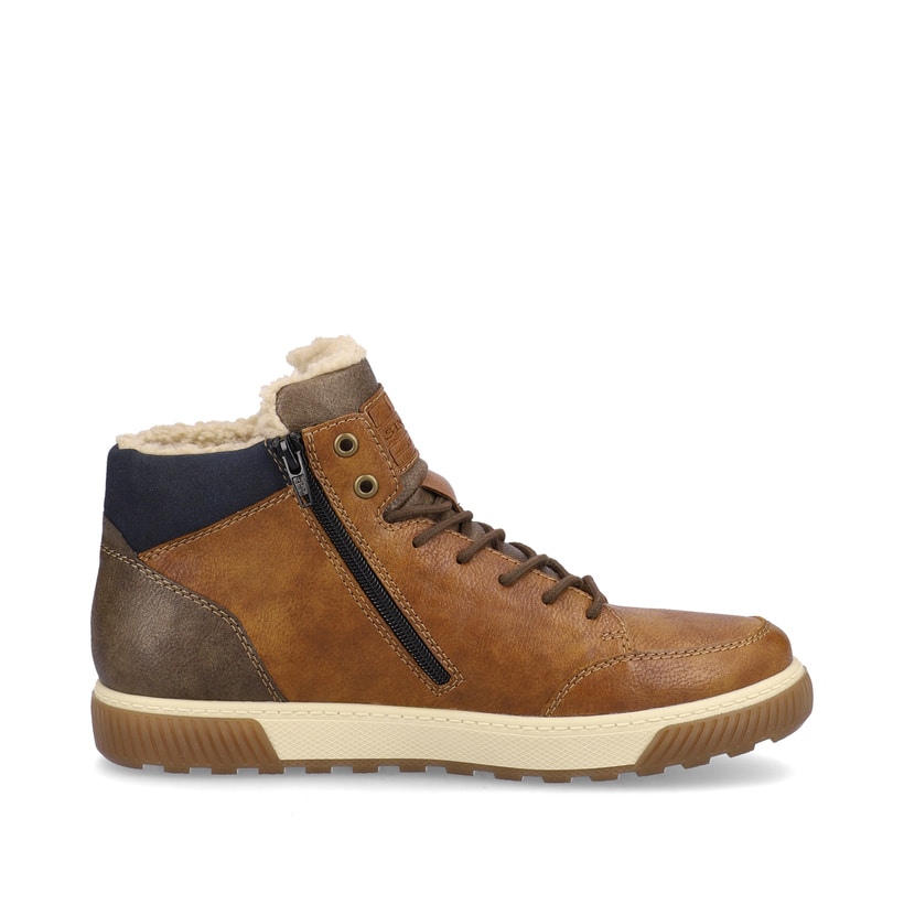 Nougatbraune Rieker Herren Schnürstiefel 18930-25 mit Schnürung und Reißverschluss. Schuh von hinten