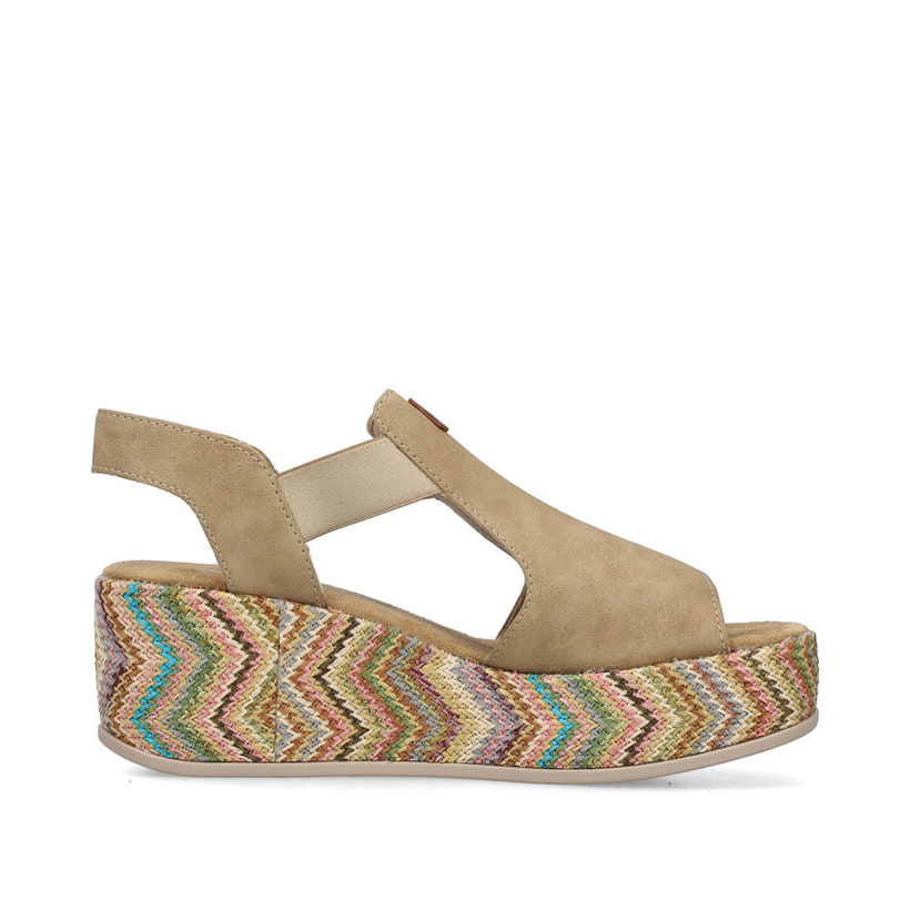 Beige Rieker Keilsandaletten 69472-60 mit Gummizug sowie leichter Plateausohle. Schuh Innenseite.