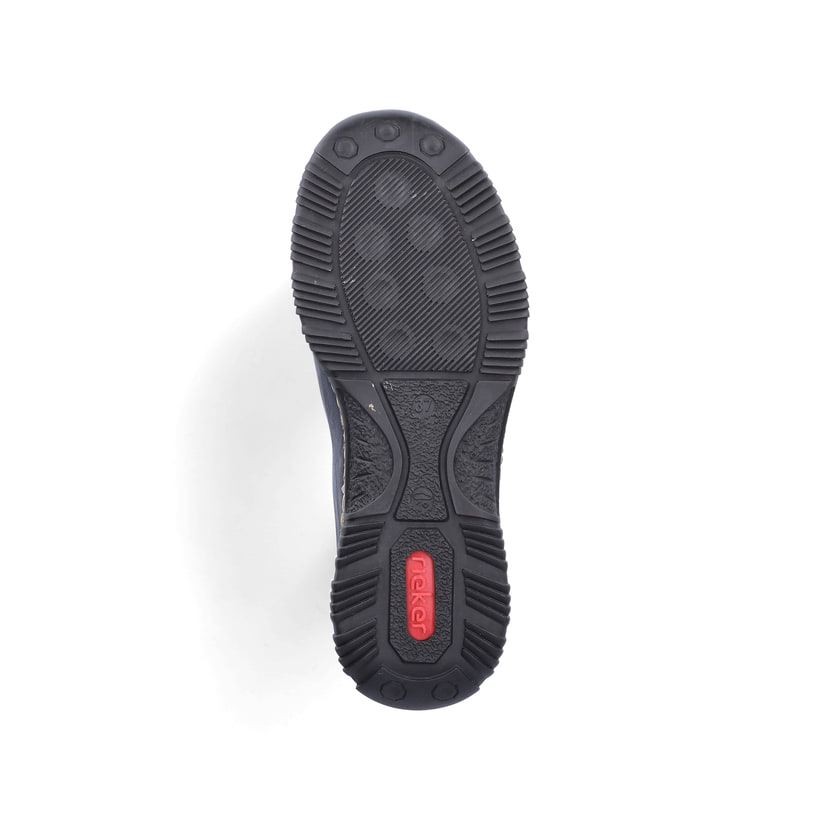 Mocassins Rieker bleus pour femme N3271-35 avec oeillets décoratifs. Semelle extérieure de la chaussure.