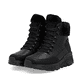 Schwarze Rieker Damen Schnürstiefel W0063-02 mit wasserabweisender TEX-Membran. Schuhpaar seitlich schräg.