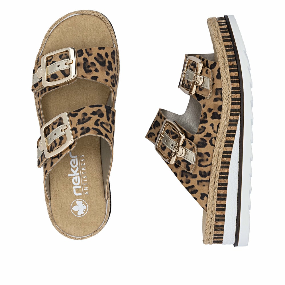 Mehrfarbige Rieker Damen Pantoletten V7955-90 aus Rauleder. Schuh von oben, liegend.