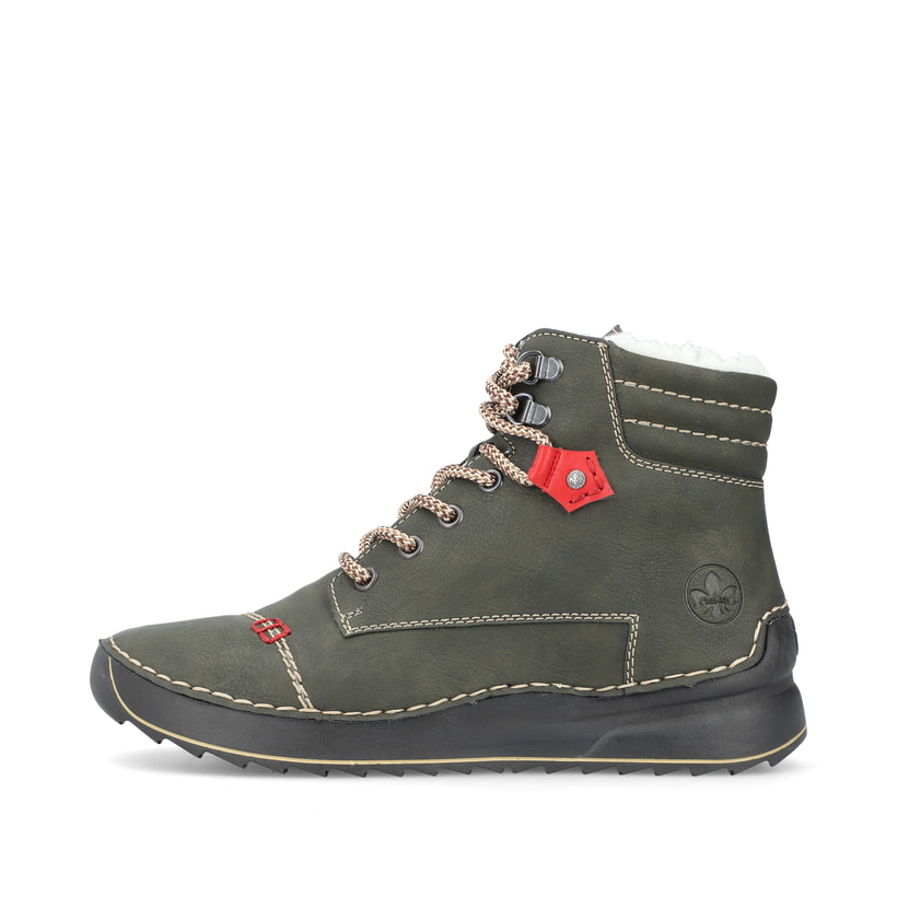 
Graugrüne Rieker Damen Schnürstiefel 51545-54 mit Schnürung und Reißverschluss. Schuh Außenseite