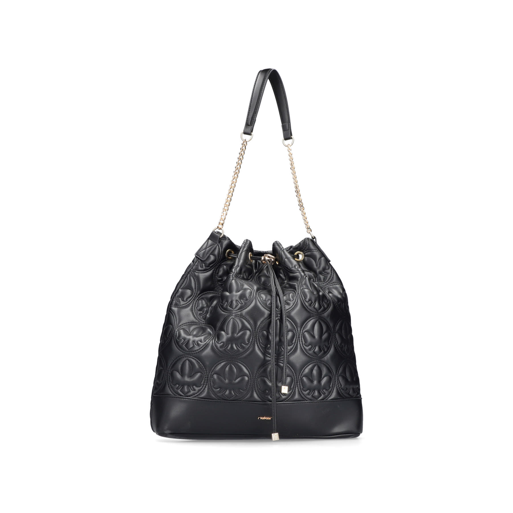 Sac bandoulière Rieker H1023-00 en noir à resserrer avec une chaîne dorée en tant que bandoulière. Face avant.
