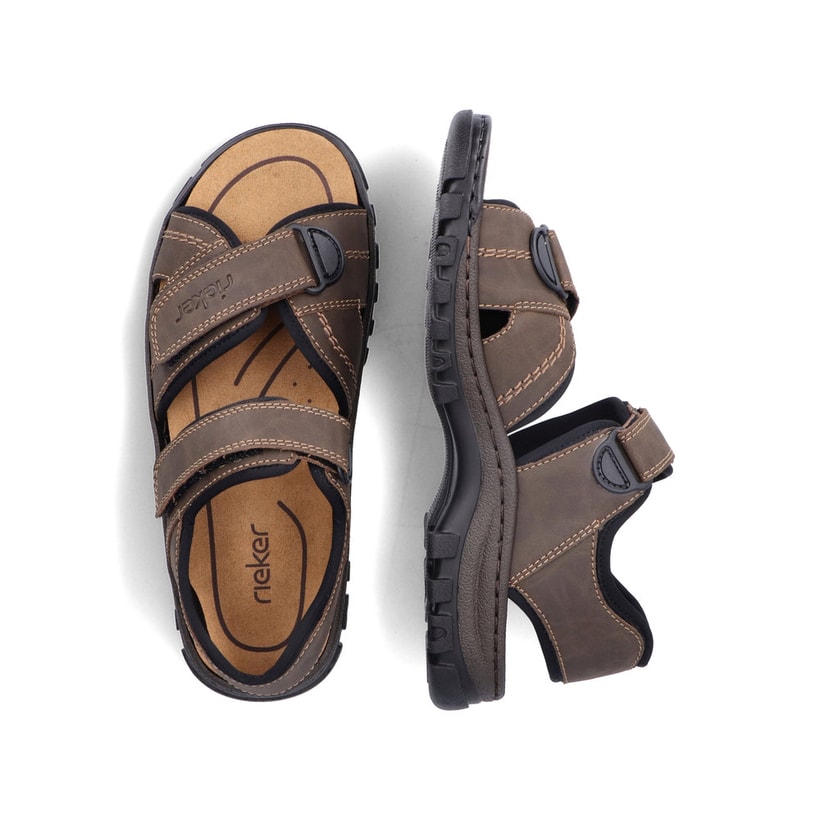 Braune Rieker Herren Trekkingsandalen 25051-27 mit einem Klettverschluss. Schuh von oben, liegend.