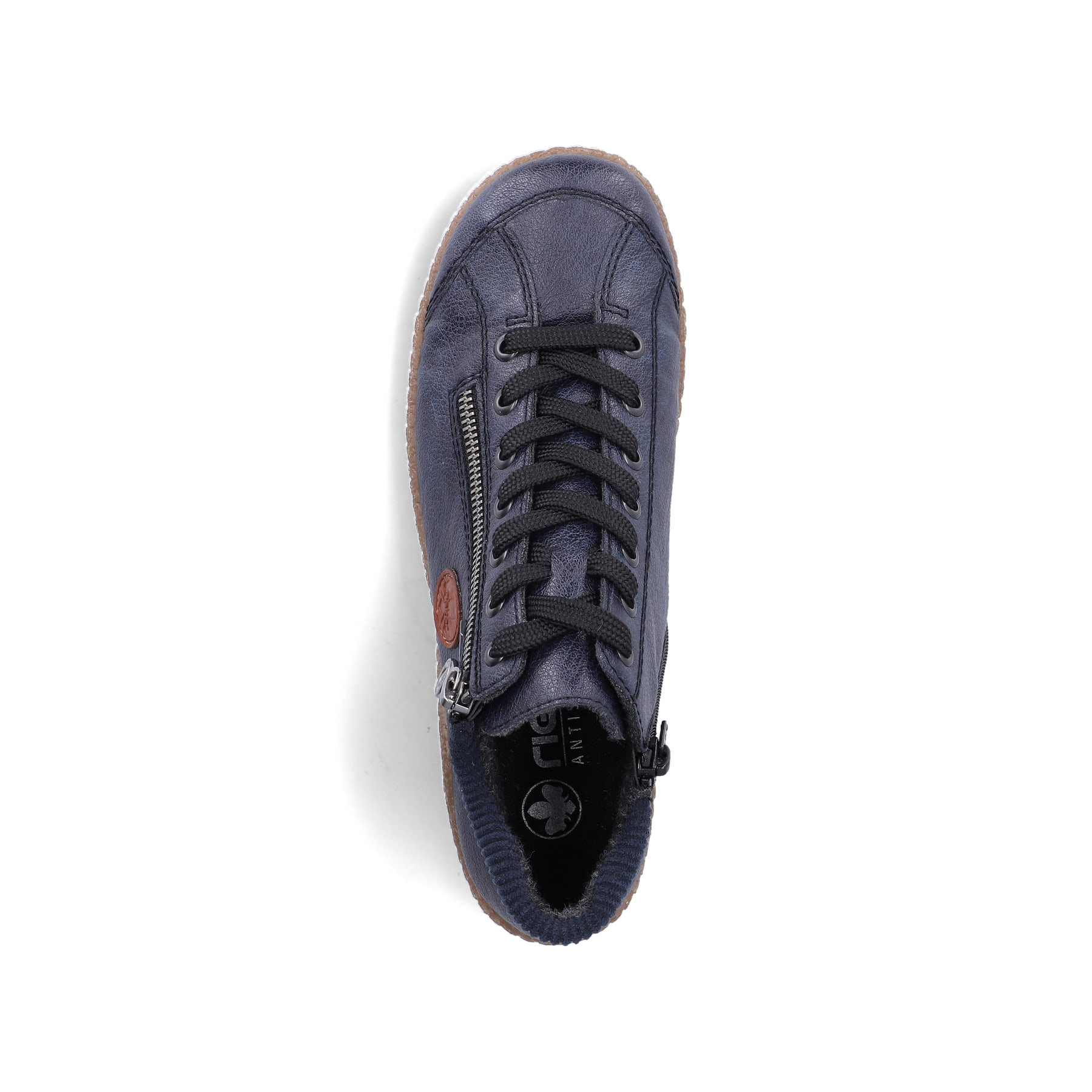 Dunkelblaue Rieker Damen Kurzstiefel L7514-15 mit wasserabweisender TEX-Membran. Schuh von oben.