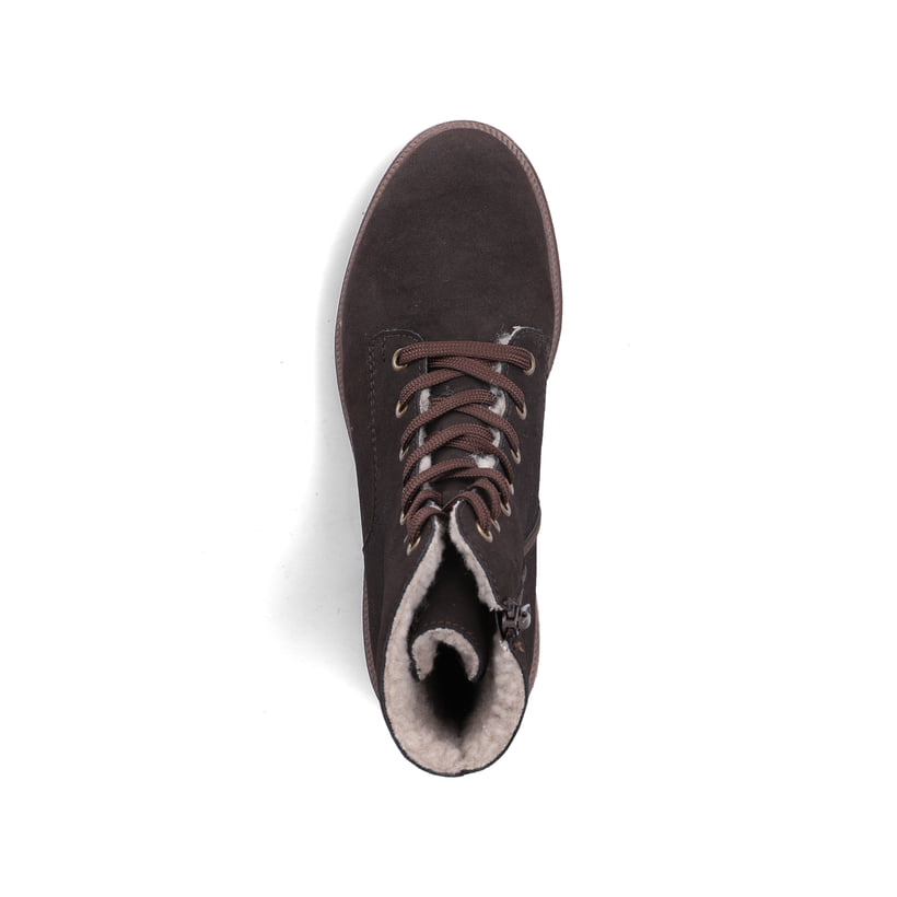 Dunkelbraune Rieker Damen Biker Boots Y7622-25 mit einem Reißverschluss. Schuh von oben.