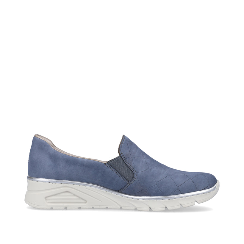 Blaue Rieker Damen Slipper N3363-10 mit Elastikeinsatz sowie schmaler Passform E. Schuh Innenseite.