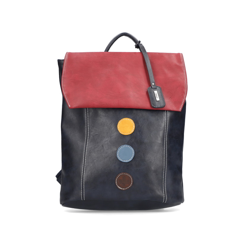 Sac Ã  dos Rieker H1357-14 en bleu et rouge avec détails colorés, fermeture éclair et poche pour téléphone portable. Face avant.