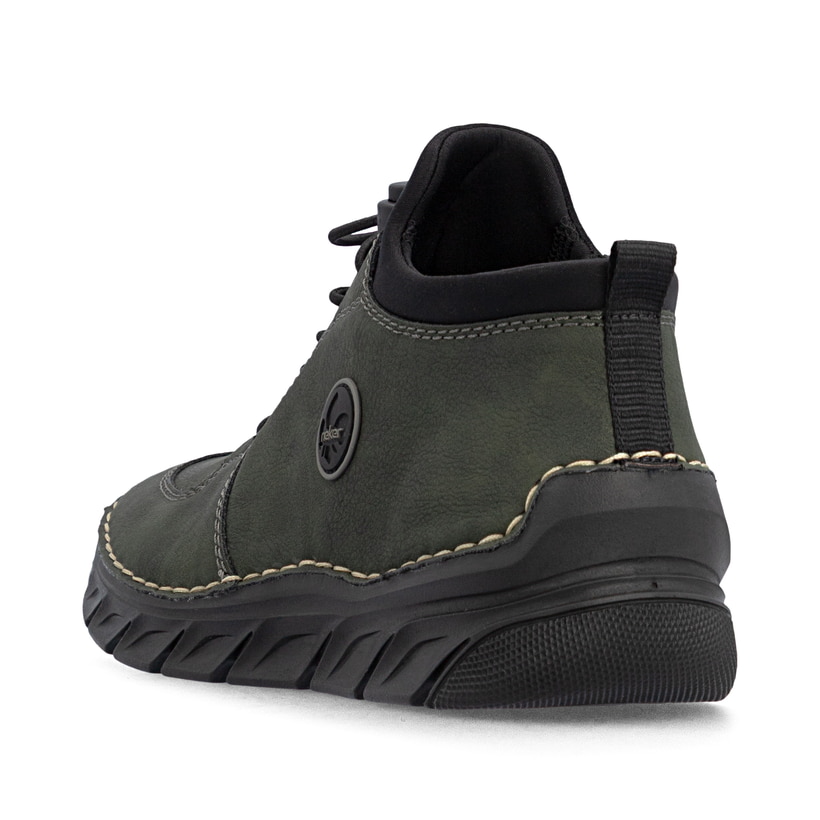 Dunkelgrün-schwarze Rieker Damen Kurzstiefel 55071-54 mit einem Reißverschluss. Schuh von hinten.