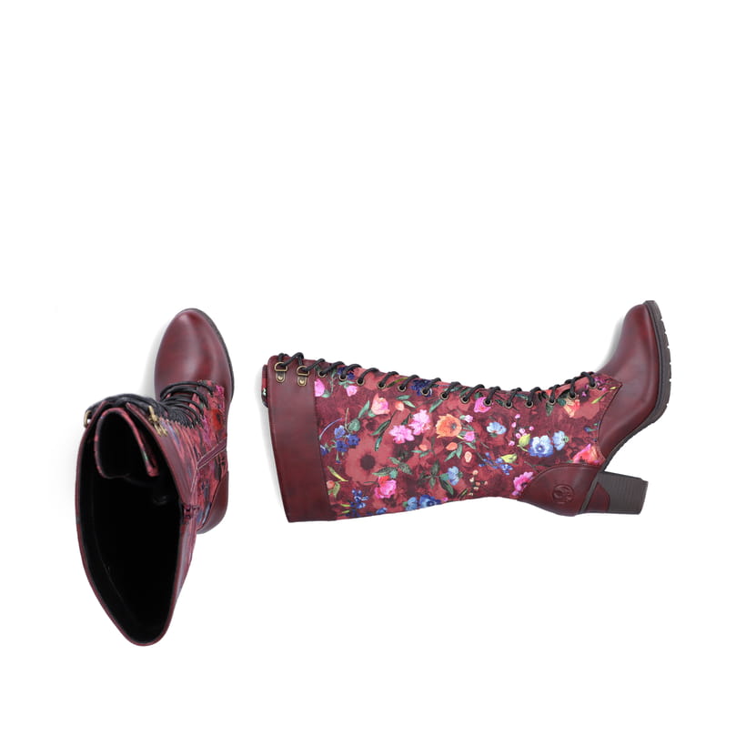 Bordeauxfarbene Rieker Damen Schnürstiefel 96040-90 mit floralem Aufdruck. Schuh von oben, liegend.