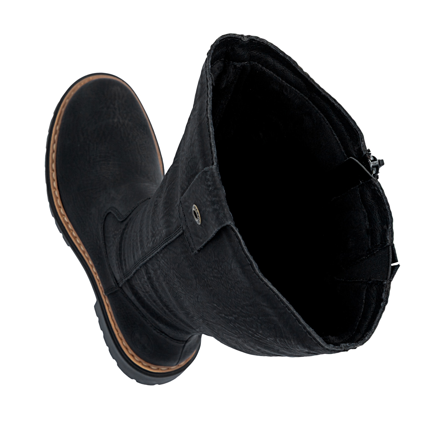 Schwarze Rieker Damen Hochschaftstiefel 72656-00 mit einem Reißverschluss. Schuh von oben, liegend.