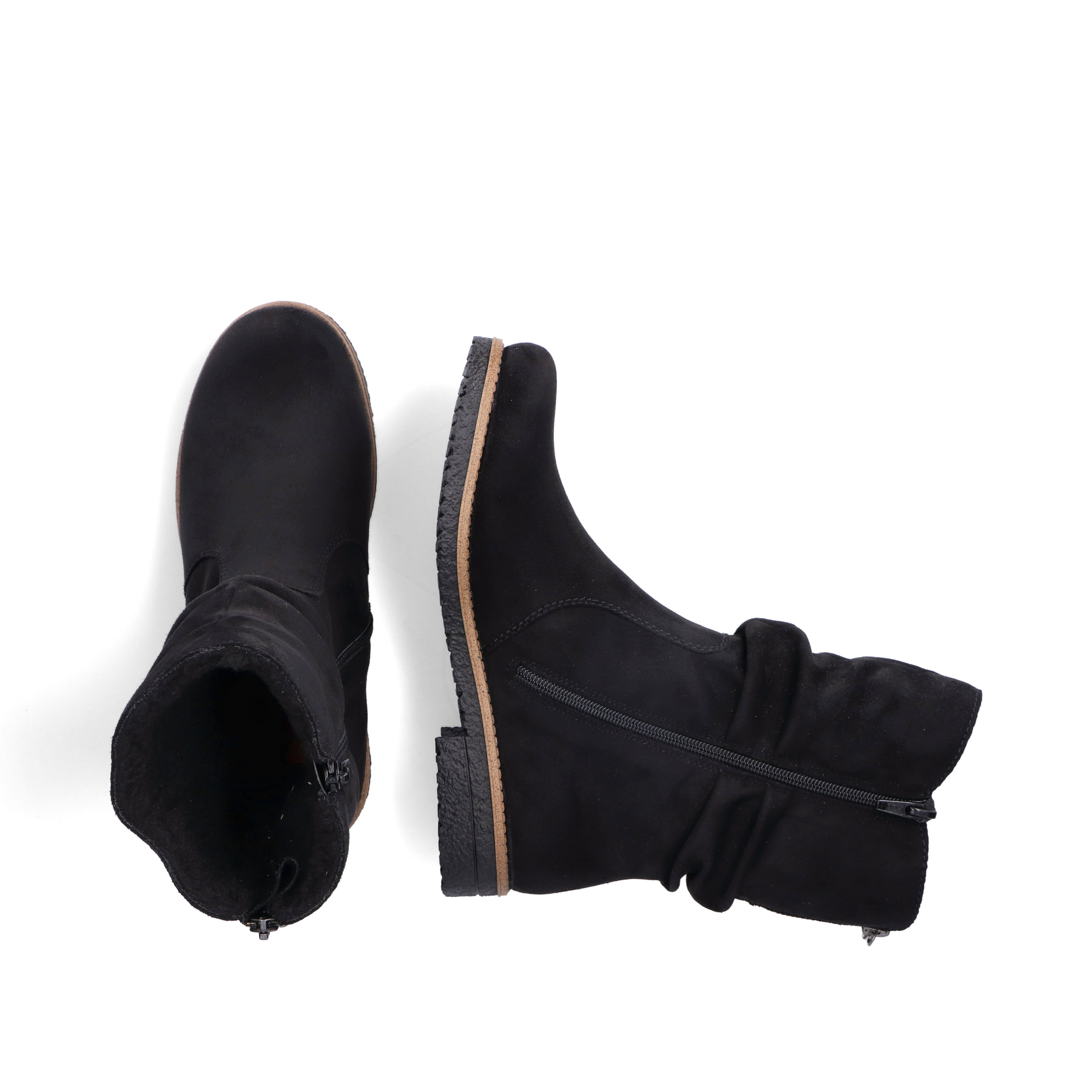Schwarze Rieker Damen Kurzstiefel 73560-00 mit geraffter Optik. Schuh von oben, liegend.