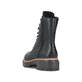 Asphaltschwarze Rieker Damen Biker Boots 72647-00 mit einem Reißverschluss. Schuh von hinten.