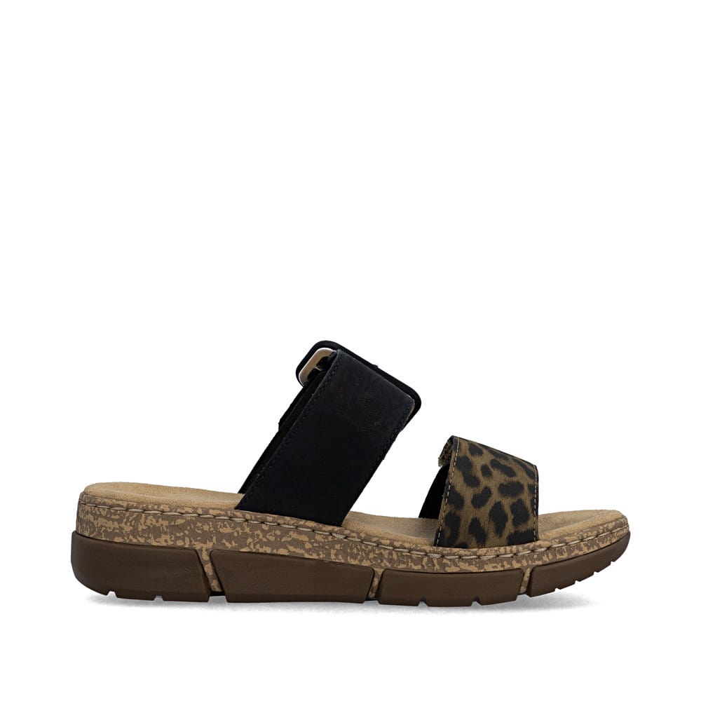 Dunkelbraune Rieker Damen Pantoletten V2392-24 mit angesagtem Animal-Print. Schuh Innenseite.