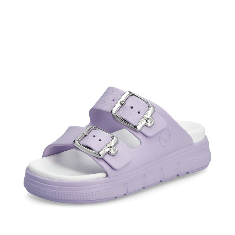 Fliederfarbene Rieker Damen Pantoletten P2180-30 mit einer Schnalle. Schuh seitlich schräg.