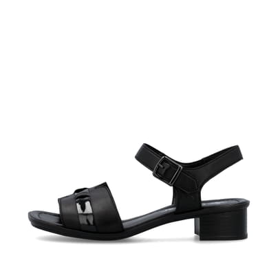 Schwarze Rieker Riemchensandaletten 62685-00 mit trendigen Schnalle. Schuh Außenseite.