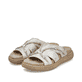 Beige Rieker Damen Pantoletten V1588-60 mit einem Gummizug sowie griffiger Sohle. Schuhpaar seitlich schräg.