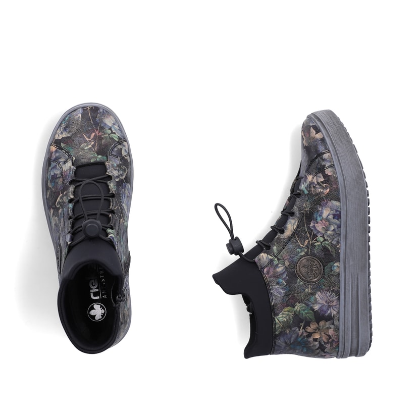 Graue Rieker Damen Kurzstiefel L2550-90 mit floralem Aufdruck. Schuh von oben, liegend.