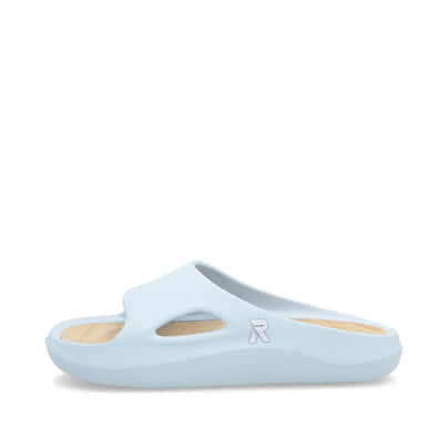 Blaue Rieker Damen Pantoletten W3350-10 mit ultraleichter und flexibler Sohle. Schuh Außenseite.