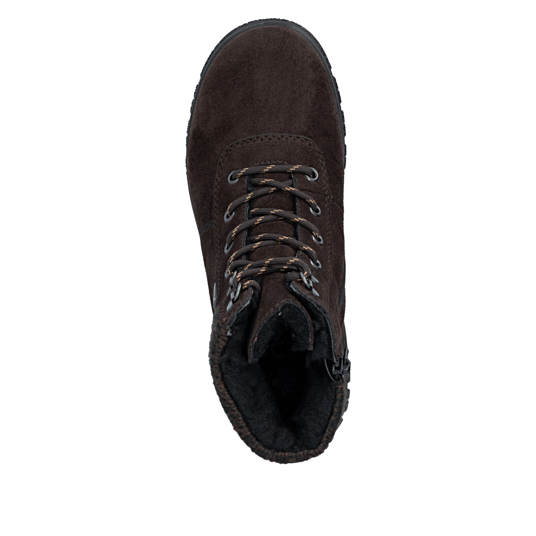 Dunkelbraune Rieker Damen Schnürstiefel Z7220-25 mit Strick-Kragen. Schuh von oben.