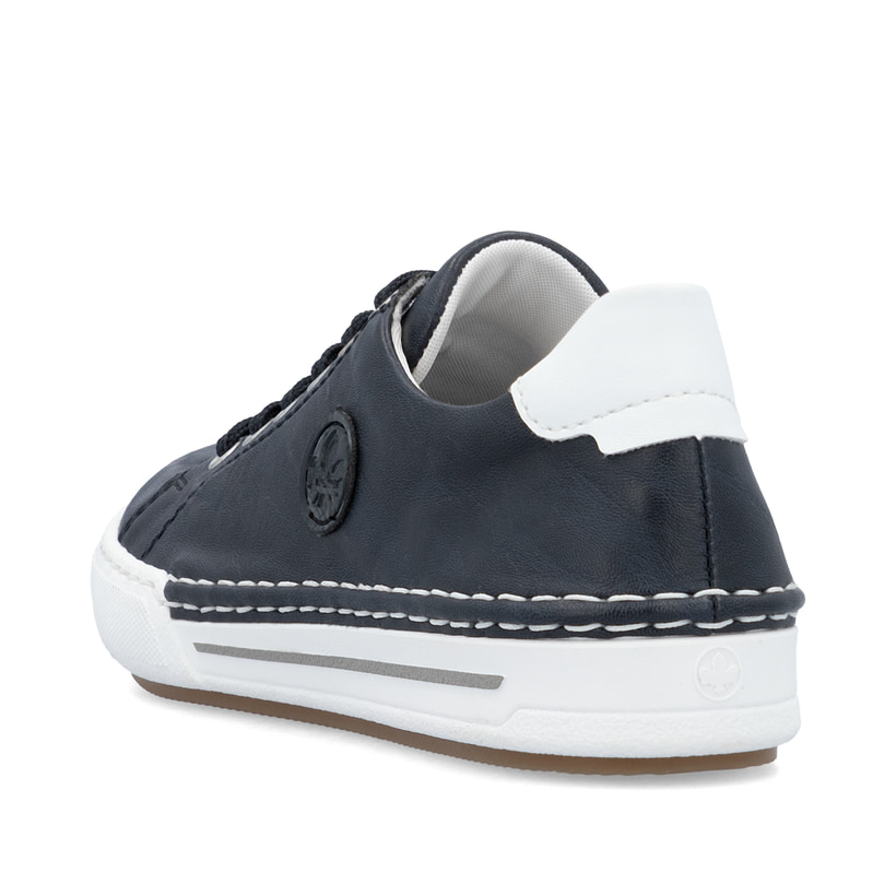 Blaue Rieker Damen Schnürschuhe L7210-14 mit einer herausnehmbaren Einlegesohle. Schuh von hinten.