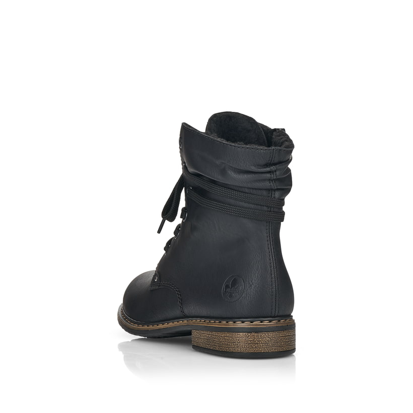 Schwarze Rieker Damen Schnürstiefel 71229-02 mit einem Reißverschluss. Schuh von hinten.