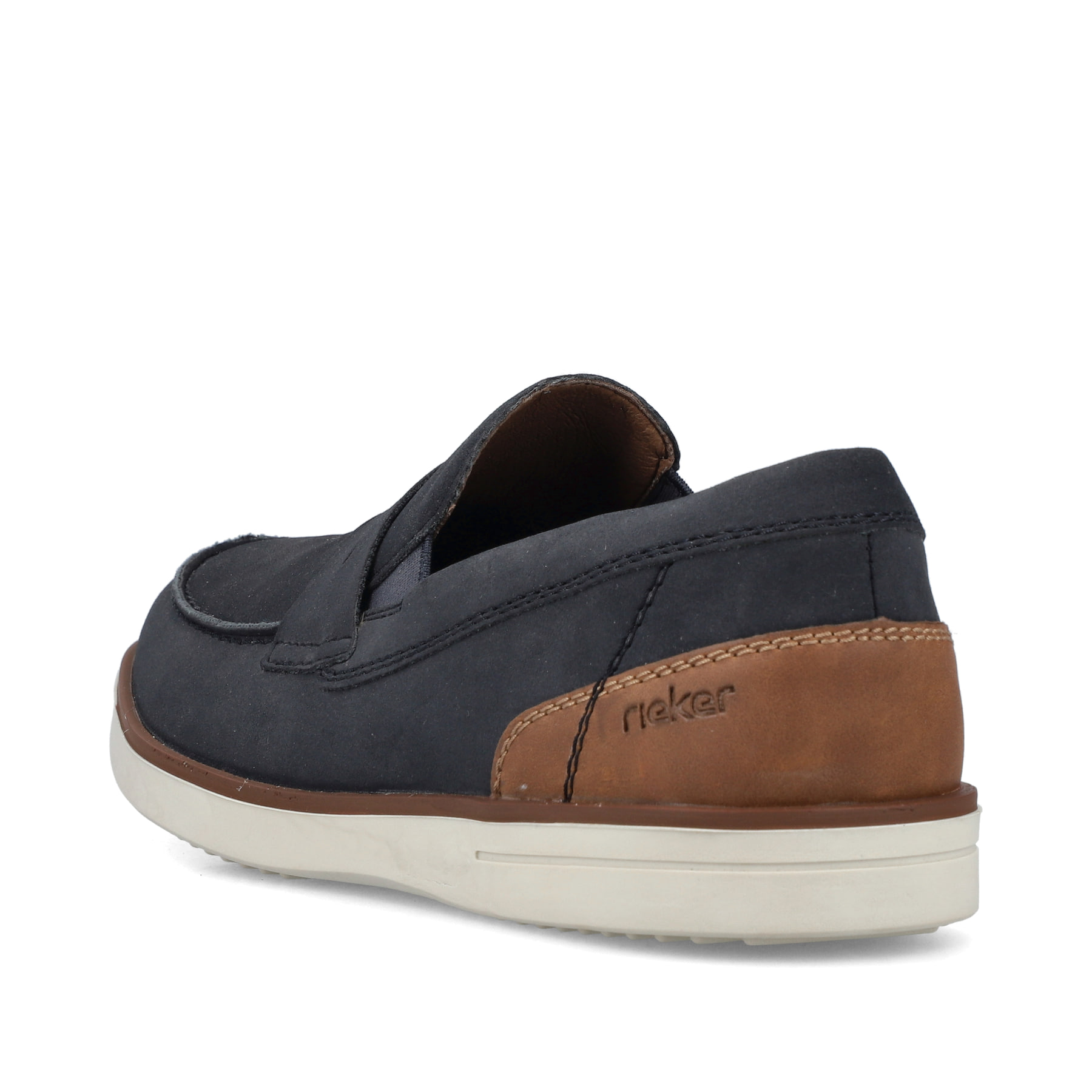 Blaue Rieker Herren Slipper B2350-14 mit Elastikeinsatz sowie Komfortweite G 1/2. Schuh von hinten.