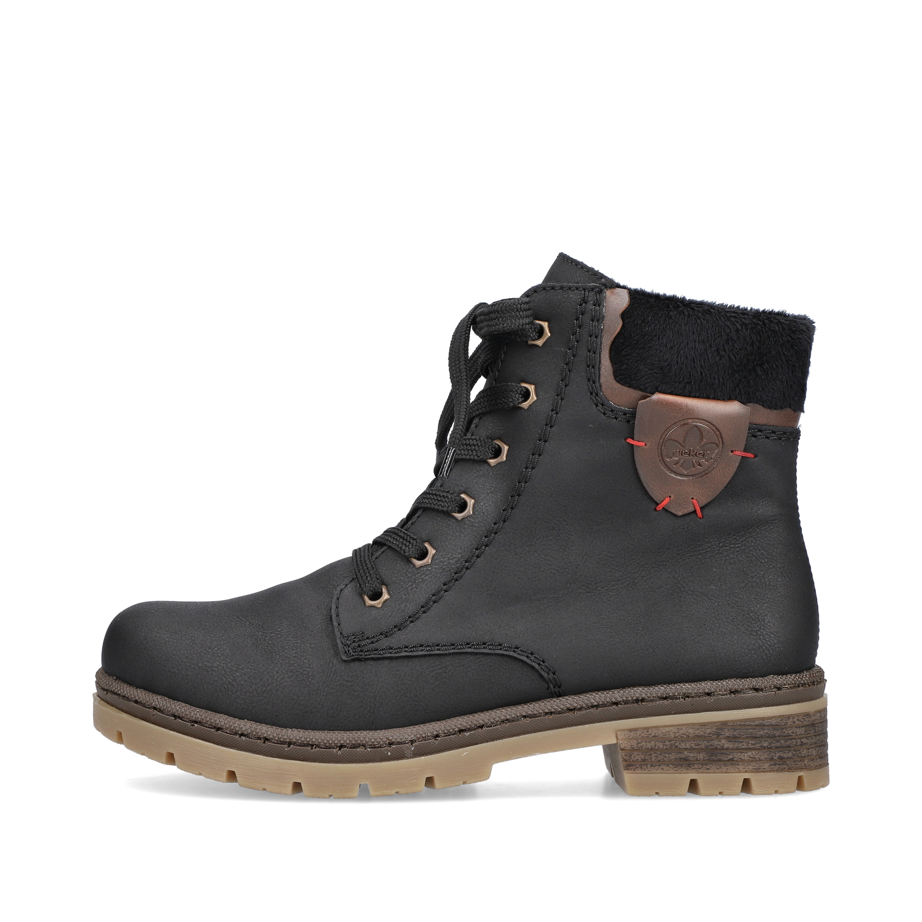 Graphitschwarze Rieker Damen Schnürstiefel Y7418-00 mit einer robusten Profilsohle. Schuh Außenseite