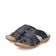 Blaue Rieker Damen Pantoletten 60897-14 mit der schmalen Passform E 1/2. Schuhpaar seitlich schräg.