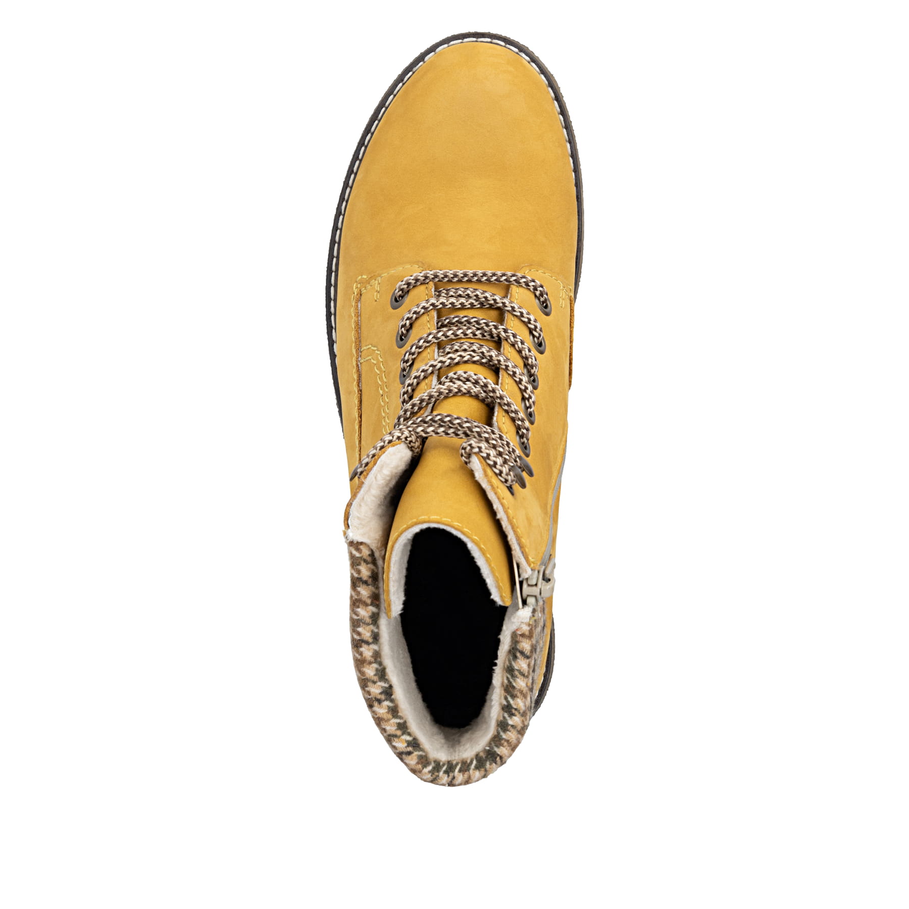 Ockerfarbene Rieker Damen Schnürstiefel Y8130-68 aus Rauleder. Schuh von oben.