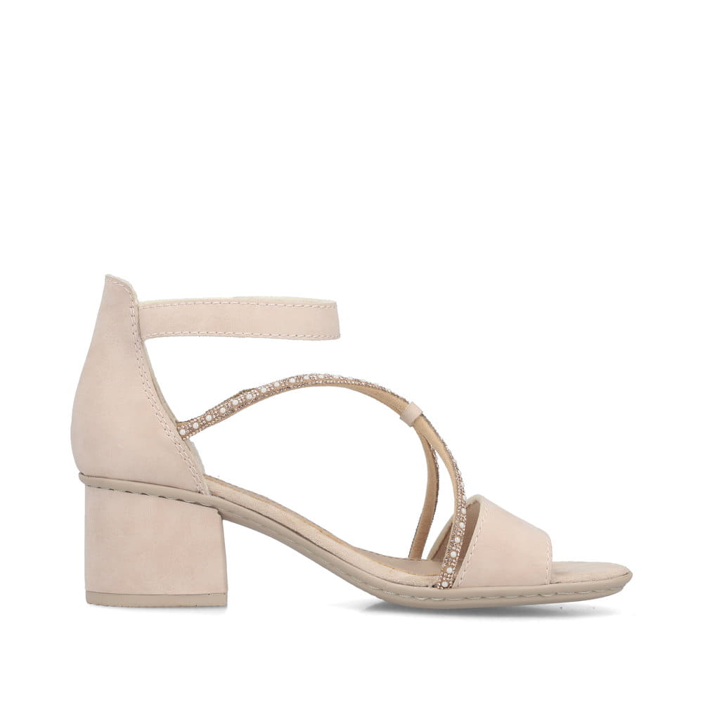 Sandales Rieker roses pour femme 64654-31 avec strass. Côté intérieur de la chaussure.