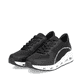 Schwarze vegane Rieker Damen Sneaker Low N5240-00 mit einer ultraleichten Sohle. Schuhpaar seitlich schräg.