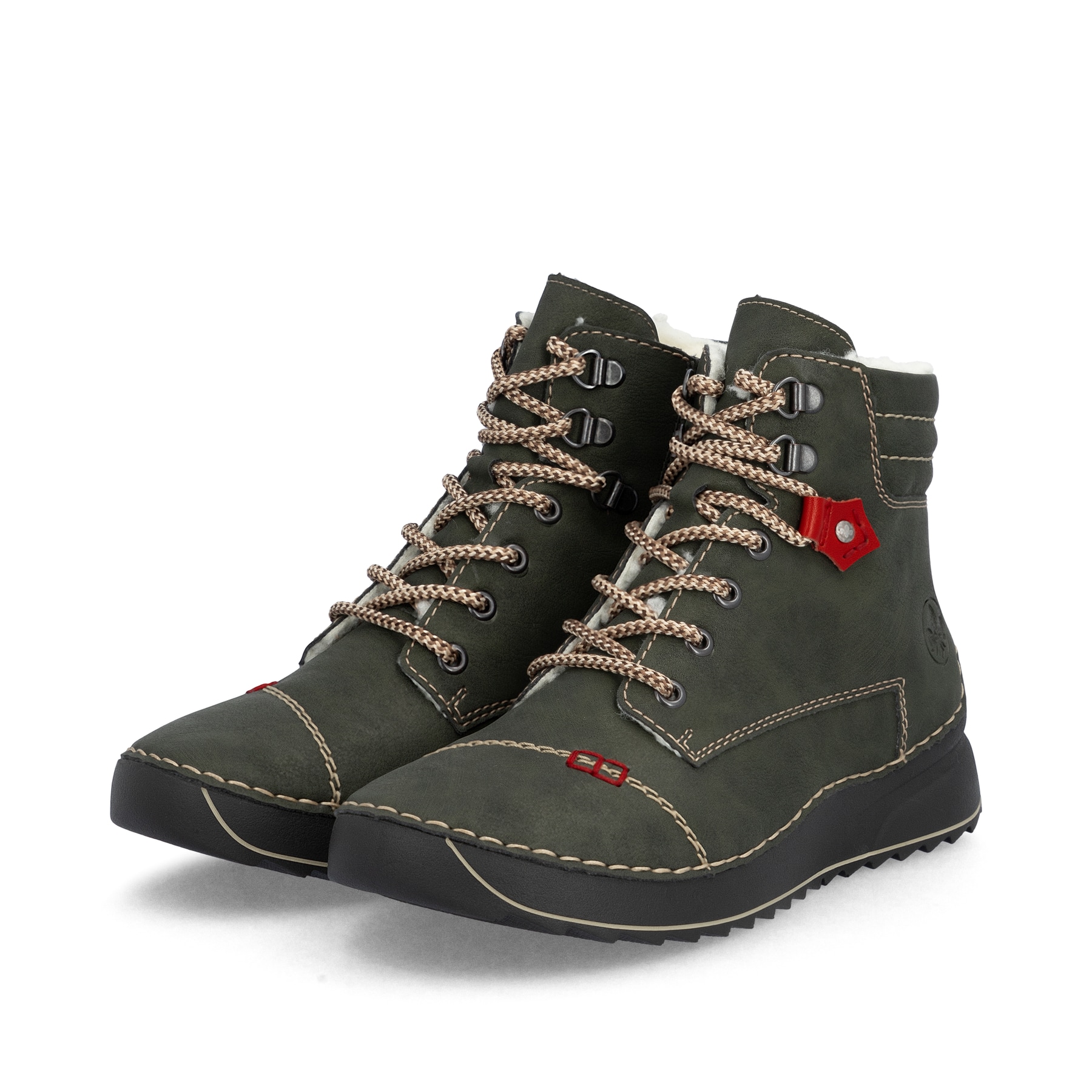 Graugrüne Rieker Damen Schnürstiefel 51545-54 mit Schnürung und Reißverschluss. Schuhpaar schräg.