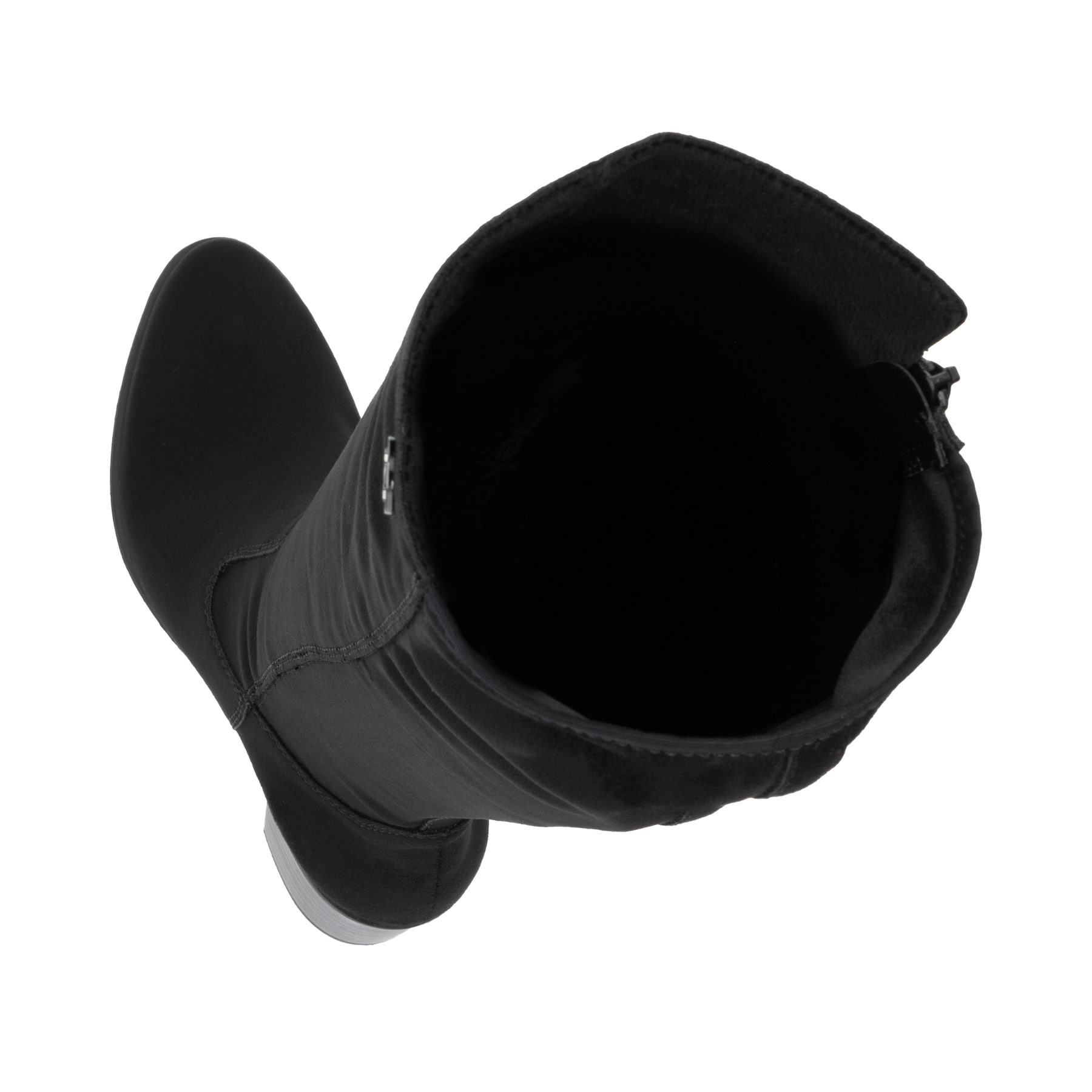 Schwarze Rieker Damen Hochschaftstiefel Y2050-01 mit einem Reißverschluss. Schuh von oben, liegend.