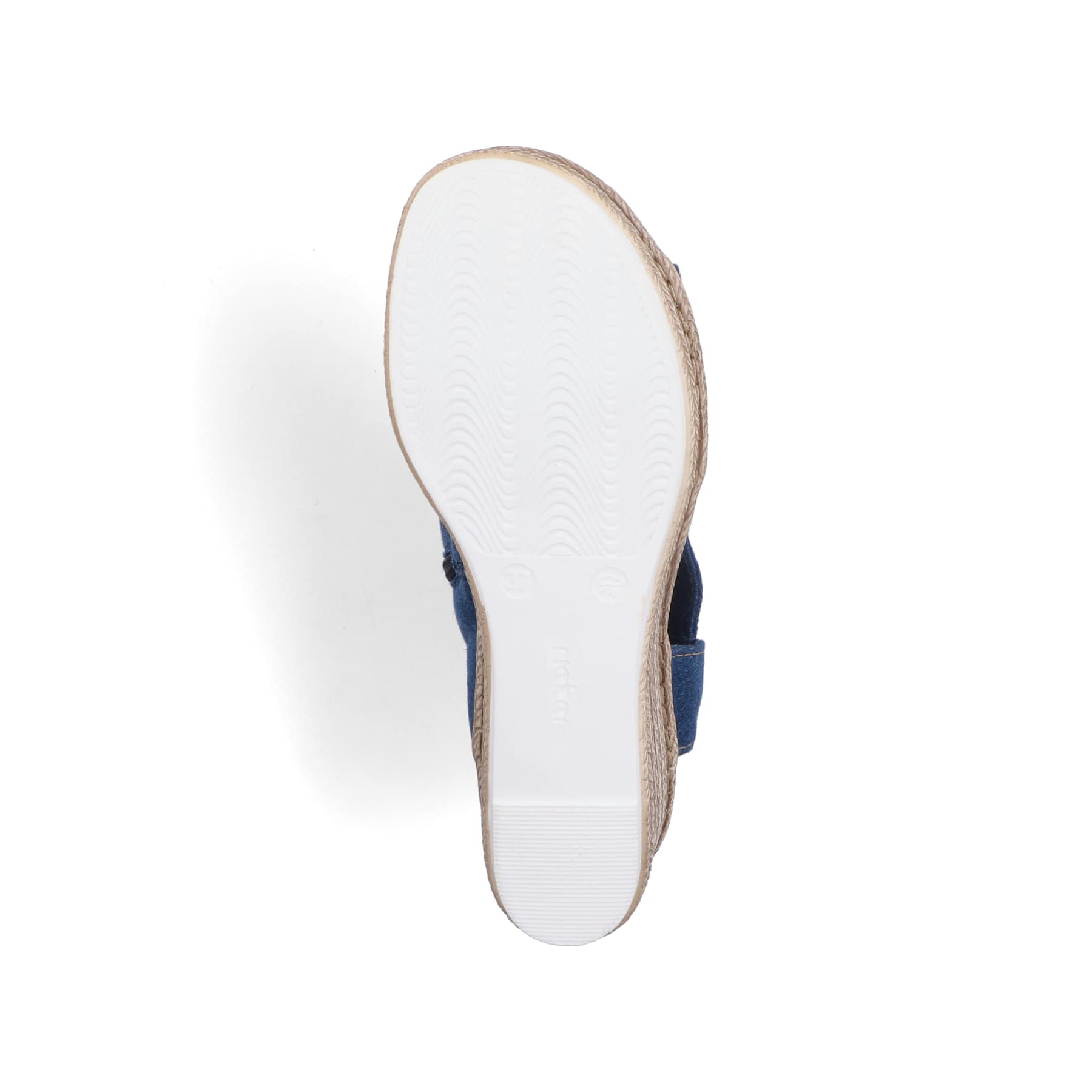 Schieferblaue vegane Rieker Keilsandaletten 68791-12 mit einem Reißverschluss. Schuh Laufsohle.